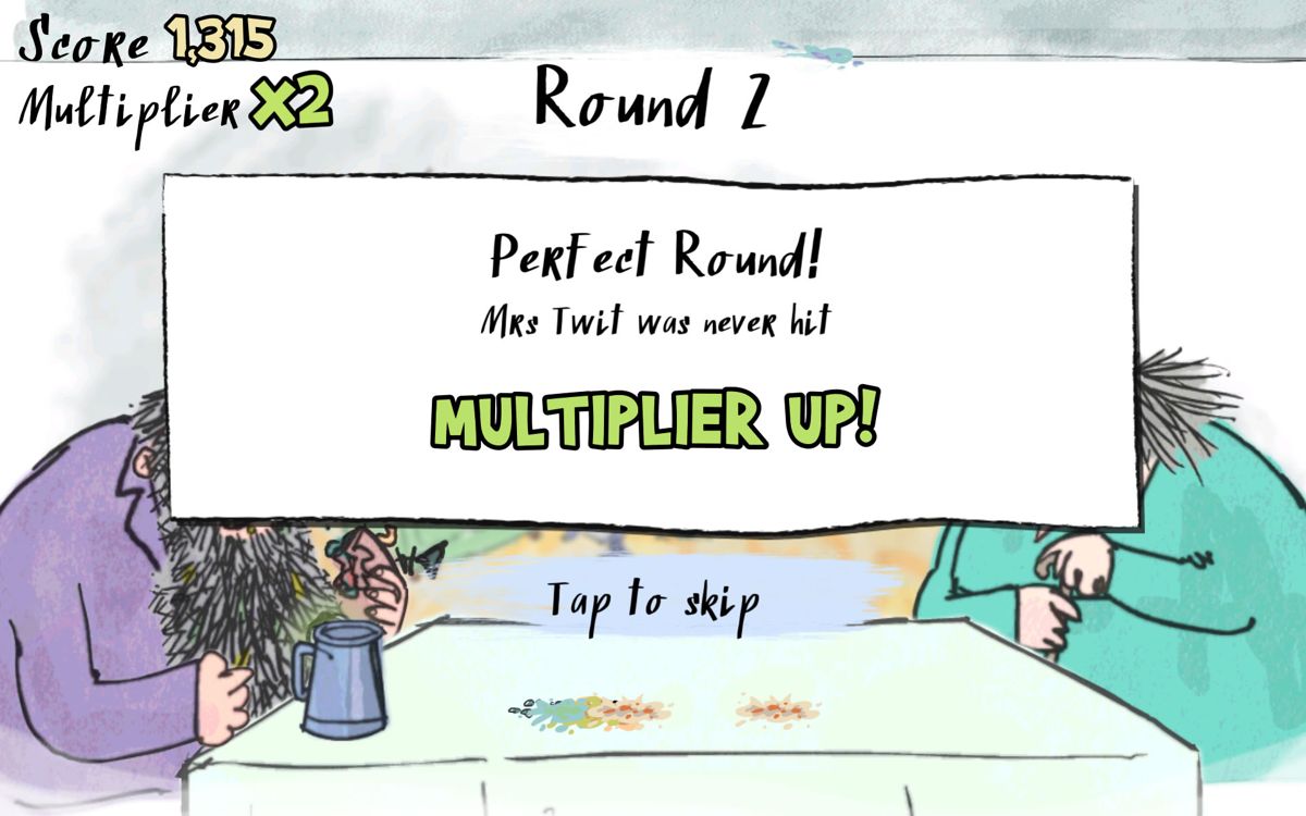 Roald Dahl's Twit or Miss (Android) screenshot: A perfect round is rewarded with a score multiplier.