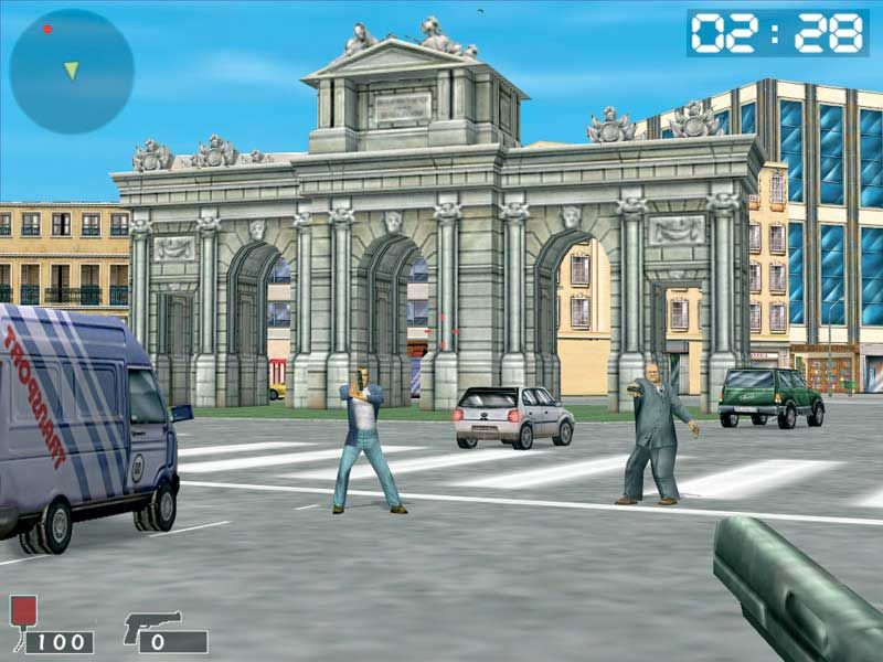 Torrente (Windows) screenshot: You must turn-off the bombs that are threatening la Puerta de Alcalá.