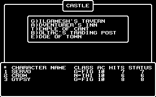 Wizardry V: Heart of the Maelstrom (Commodore 64) screenshot: Game menu while at the castle