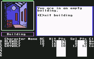 The Bard's Tale II: The Destiny Knight (Commodore 64) screenshot: Inside an empty building