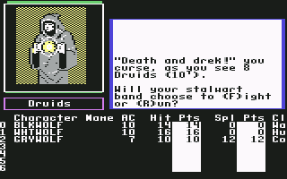 The Bard's Tale II: The Destiny Knight (Commodore 64) screenshot: Encountered a druid. You can either fight or play chicken