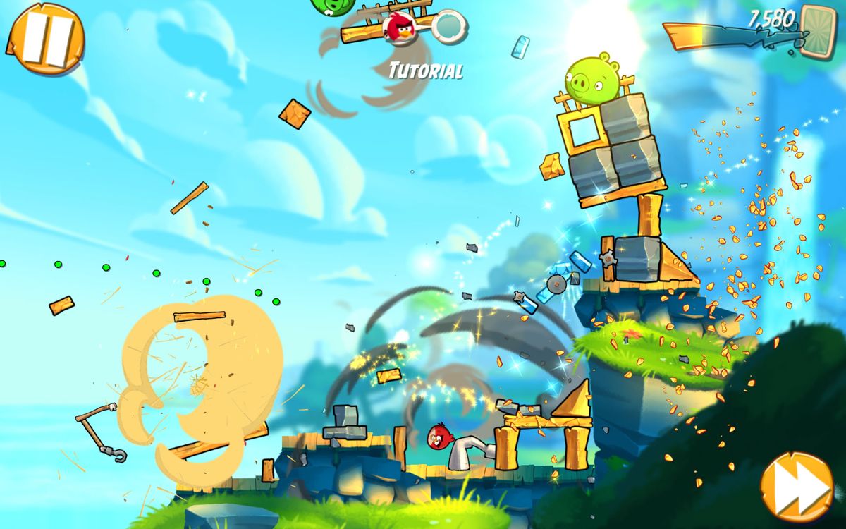Angry Birds 2 (Android) screenshot: You can zoom in to view the destruction from up close.