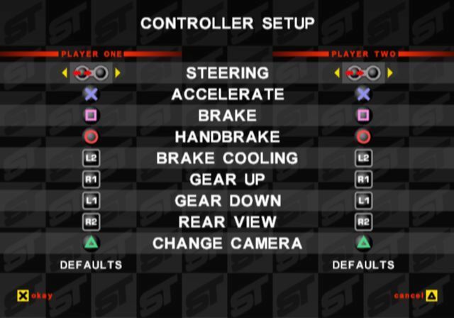 Super Trucks Racing (PlayStation 2) screenshot: The default controller setup.<br>This is accessed via the Options entry on the main menu. The same sub menu allows the player to customise their truck, set the skill level of the AI opponents etc