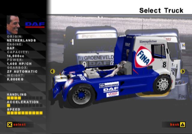 Super Trucks Racing (PlayStation 2) screenshot: The truck selection screen<br> While this screen is displayed the left hand stats alternate between truck details and driver details