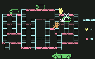 Bear Bovver (Commodore 64) screenshot: The battery falls down to the platform below, killing anyone in its path