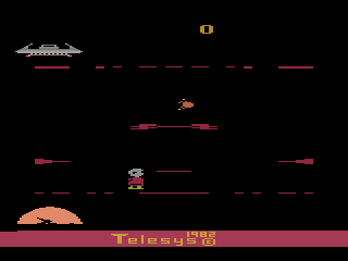 Cosmic Creeps (Atari 2600) screenshot: Flying the Oribinaut past plasma and Space Skeeters