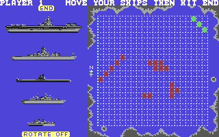 Battleship (Commodore 64) screenshot: When a piece turns green, that means you can move it