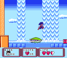 Kid Klown in Night Mayor World (NES) screenshot: Quickly jump off the seashell before it sinks and attacks you!