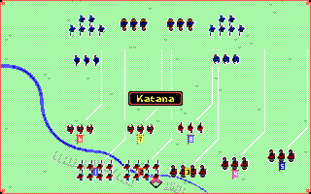 Sword of the Samurai (DOS) screenshot: Battle - troops in Katana formation