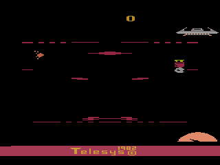 Cosmic Creeps (Atari 2600) screenshot: My Orbinaut was hit and went spinning out of control.