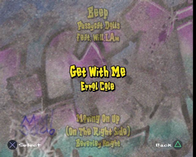 Street Dance (PlayStation 2) screenshot: The song selection screen<br>This is the same for all difficulty levels and, as with all the menu screens the player must scroll up/down to see all the options