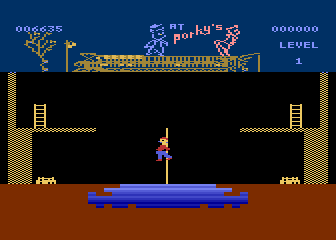 Porky's (Atari 8-bit) screenshot: I am pole vaulting over.