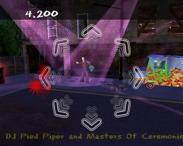 Street Dance (PlayStation 2) screenshot: Yet another dance location on the same street<br>The van/truck thing is pretty badly modelled