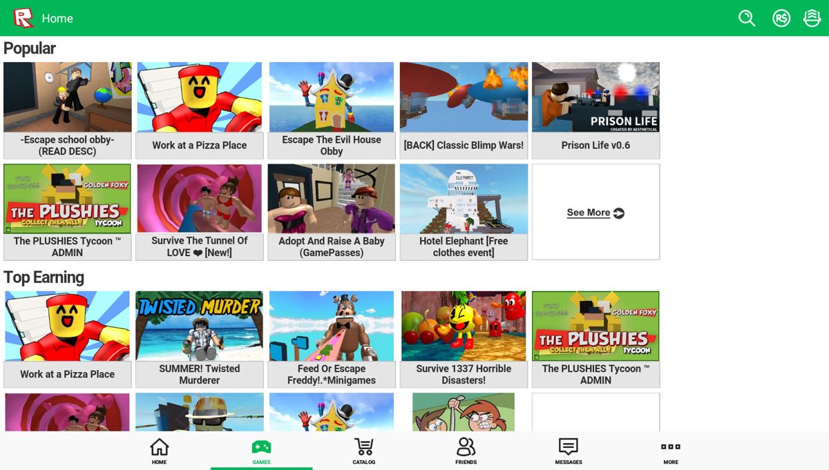 Roblox (Android) screenshot: The catalog of games