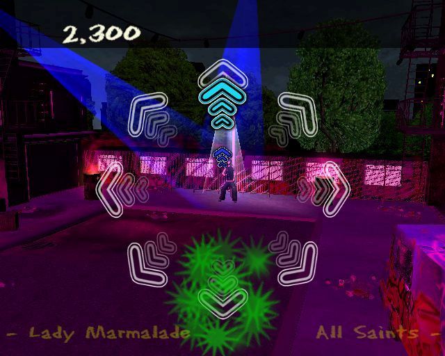 Street Dance (PlayStation 2) screenshot: When the player gets a move right the coloured arrows disappear in a shower of pretty stars