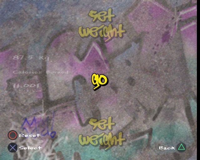 Street Dance (PlayStation 2) screenshot: Workout mode<br>The player enters their weight and dances as shown in all the previous screenshots. Instead of a score the game estimates how many calories have been used