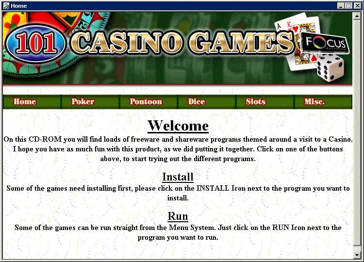 101 Casino Games (Windows) screenshot: The CD autoloads and displays this screen