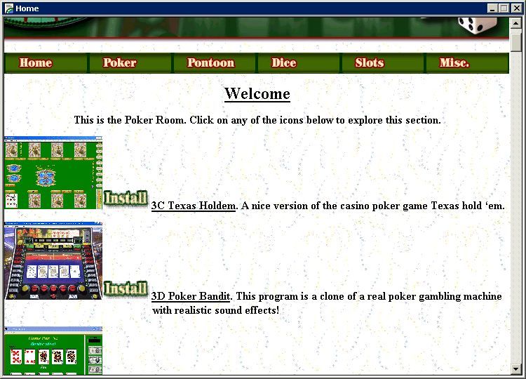 101 Casino Games (Windows) screenshot: This is the poker game's menu. All other menus are similar to this, the player can scroll up/down to search for games some of which can be run directly while others must be installed first