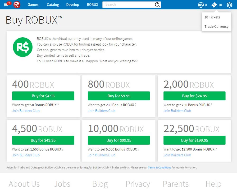 Roblox (Windows) screenshot: Page for the premium currency