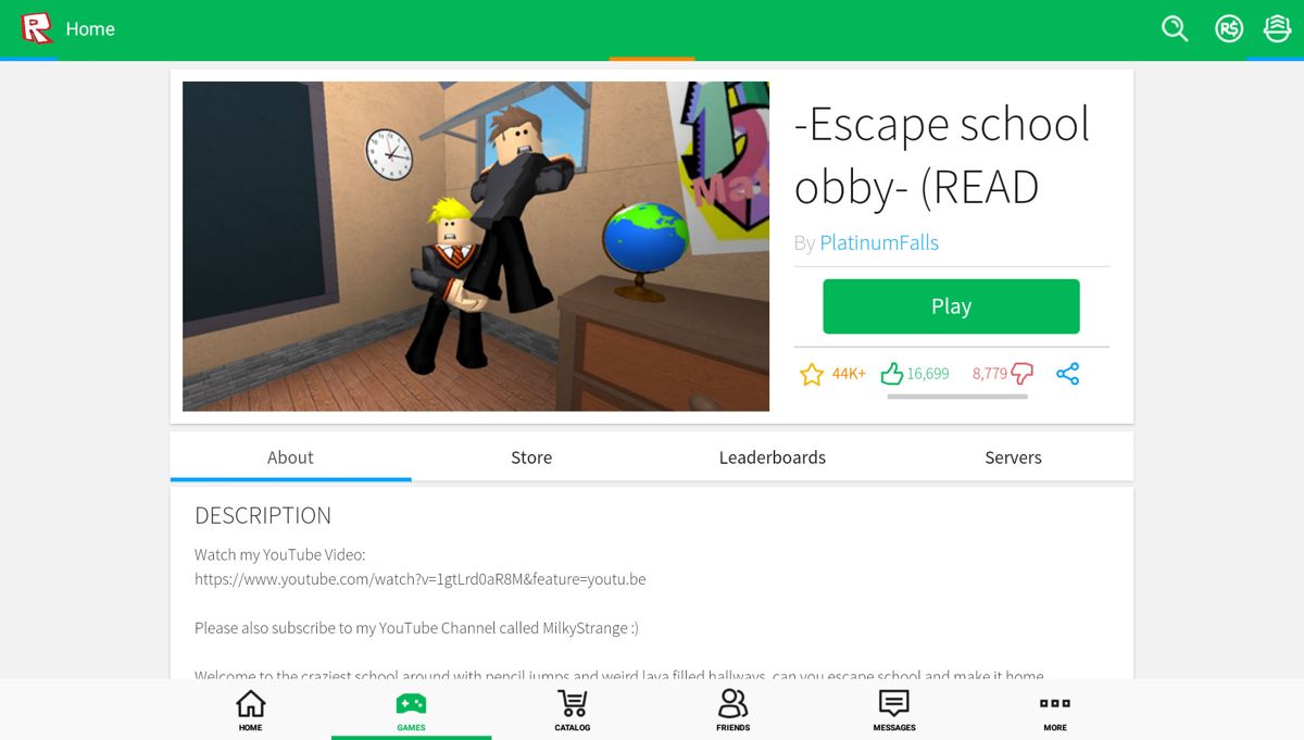 Roblox (Android) screenshot: Detailed information about a single game