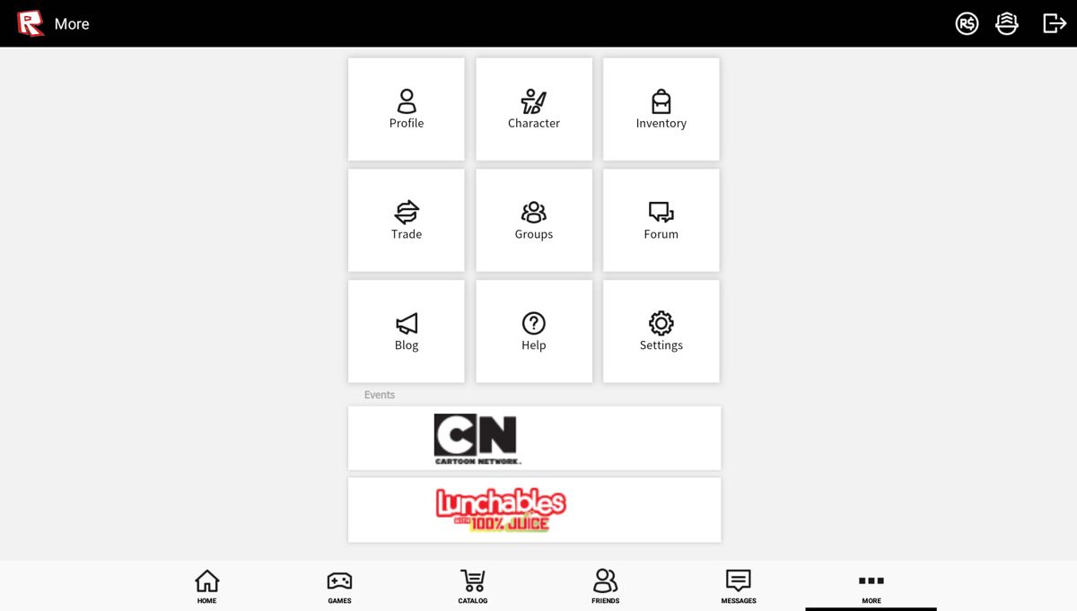 Roblox (Android) screenshot: The main categories for the hub.