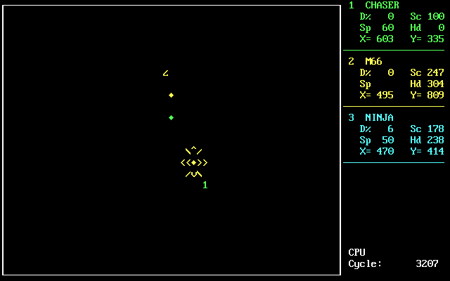 P-Robots (DOS) screenshot: A direct hit on Ninja!