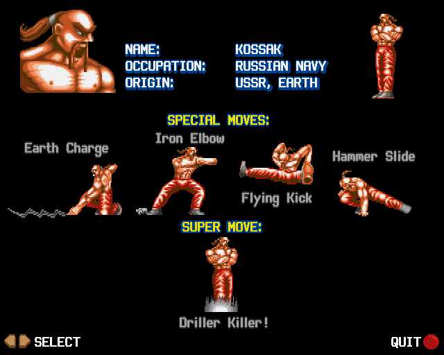Ultimate Body Blows (Amiga CD32) screenshot: Kossak's moves