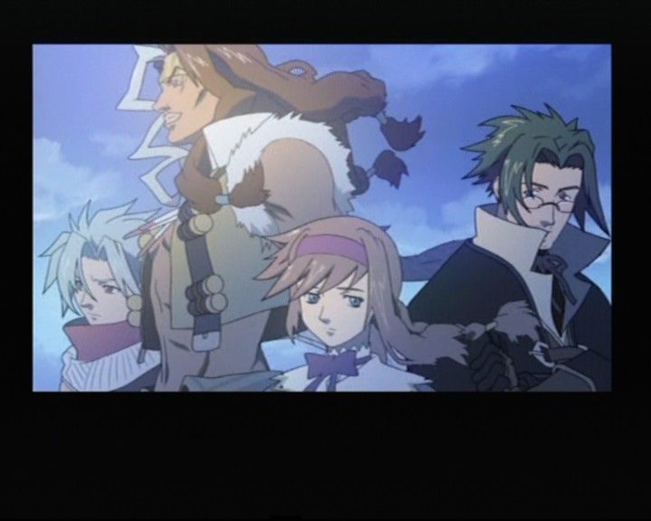 Wild Arms 3 (PlayStation 2) screenshot: Opening video (not intro, this shows after you've passed certain point in the game whenever you load your progress) showing party members (from left to right, Jet, Gallows, Virginia, and Clive)