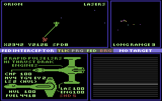 Sentinel Worlds I: Future Magic (Commodore 64) screenshot: Combat - my shields are almost gone