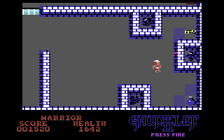 Gauntlet II (Commodore 64) screenshot: Death safely behind some walls...for now!