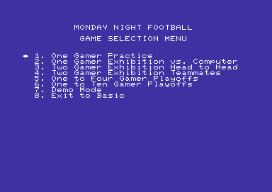 ABC Monday Night Football (Commodore 64) screenshot: Game selection menu