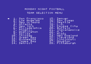 ABC Monday Night Football (Commodore 64) screenshot: Which team do you want to play?