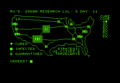 BioTerror! (Commodore PET/CBM) screenshot: The quarantine doesn't hold anymore. One correct code for the cure has been found.