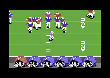 ABC Monday Night Football (Commodore 64) screenshot: The purple guy has the ball