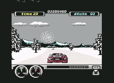 Turbo Out Run (Commodore 64) screenshot: Stage 3 has very local snowstorms.