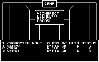 Wizardry V: Heart of the Maelstrom (Commodore 64) screenshot: The camp menu