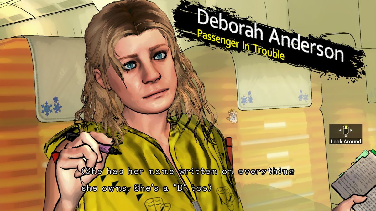 D4: Dark Dreams Don't Die (Windows) screenshot: Lots of characters on this flight whose name starts with "D"