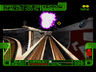 Loadstar: The Legend of Tully Bodine (SEGA CD) screenshot: Your weapons don't actually fire projectiles, they just seem to overload the bots.