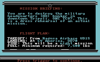 Project Stealth Fighter (Commodore 64) screenshot: Mission briefing