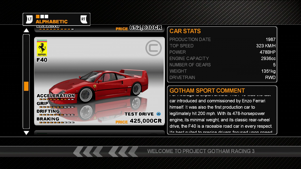 Project Gotham Racing 3 (Xbox 360) screenshot: Stats and info on the Ferrari F40