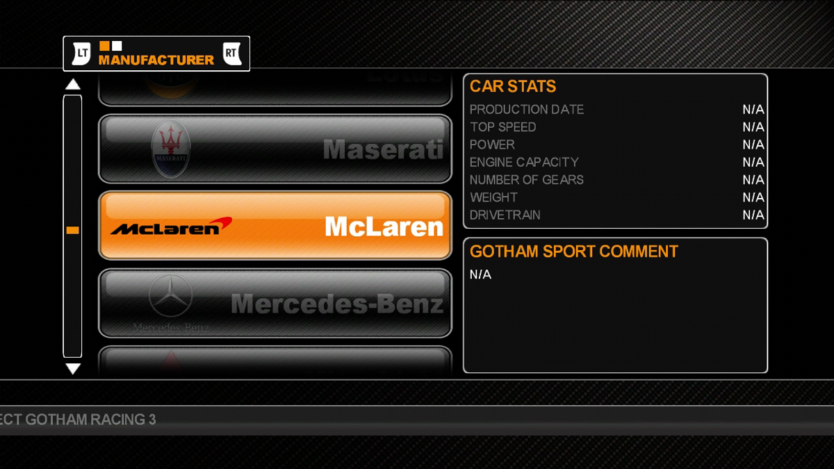 Project Gotham Racing 3 (Xbox 360) screenshot: Browsing the car manufacturers.