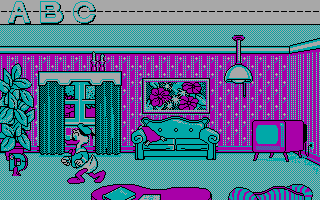 Donald's Alphabet Chase (DOS) screenshot: Chasing a D in the living room (CGA)