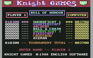 Knight Games (Commodore 64) screenshot: High scores