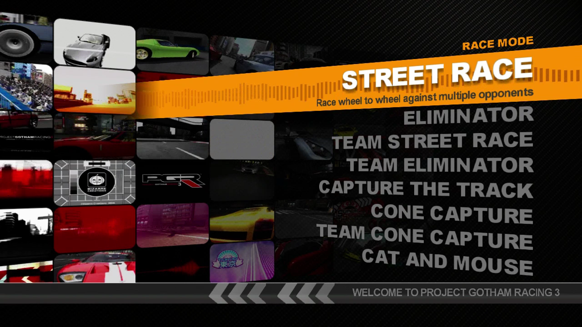 Project Gotham Racing 3 (Xbox 360) screenshot: PGR3 offers eight different game modes.
