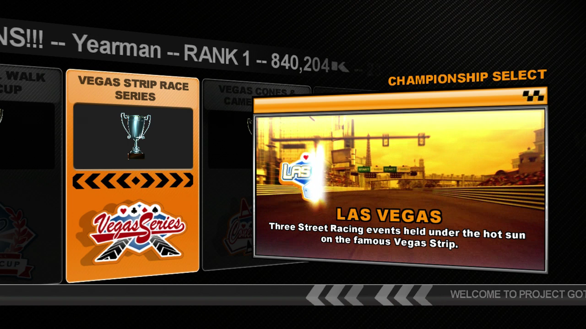 Project Gotham Racing 3 (Xbox 360) screenshot: Selecting a race in Las Vegas.