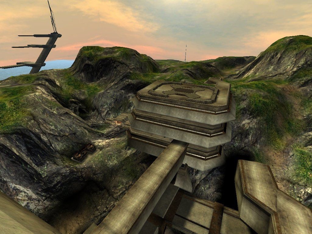 Unreal II: The Awakening (Windows) screenshot: Overlooking the base you first land on; the graphic quality is good.