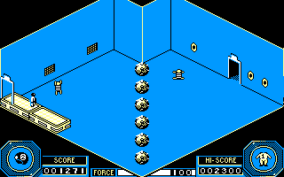Mission (Amstrad CPC) screenshot: Robot enemies are glad that you've coming...