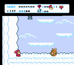 Don Doko Don 2 (NES) screenshot: On some clouds