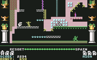 Auf Wiedersehen Monty (Commodore 64) screenshot: A cowboy and Elvis impersonator here