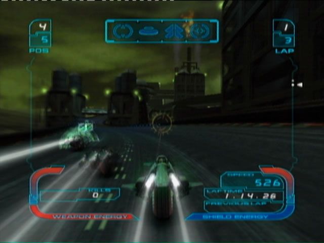 XGRA: Extreme G Racing Association (Xbox) screenshot: Racing through a dark metropolis